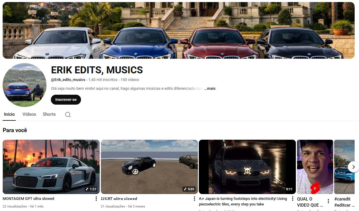 YouTube à Venda (Não Monetizado) – 1 mil inscritos – Edits de Carros e Música