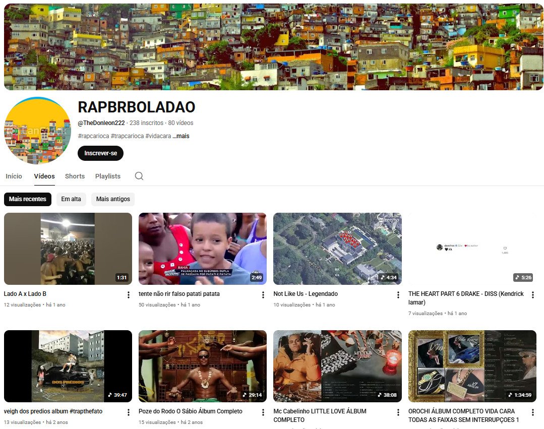 YouTube à Venda (Não Monetizado) – 238 inscritos – Rap e Trap Nacional