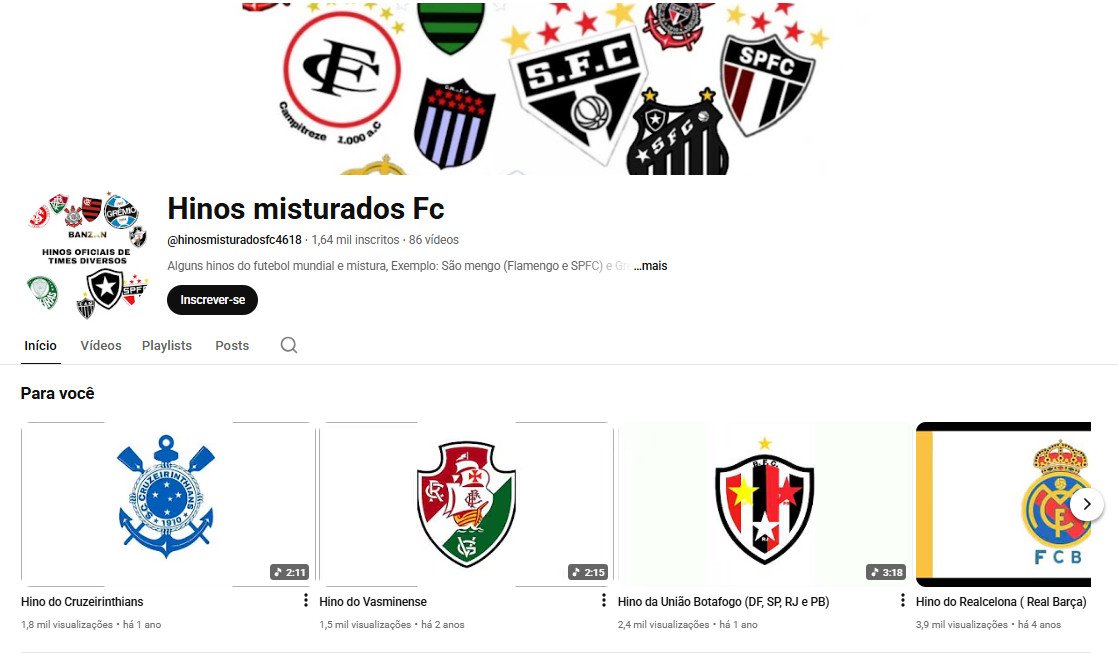 YouTube à Venda (Não Monetizado) – 1 mil inscritos – Hinos Misturados e Futebol