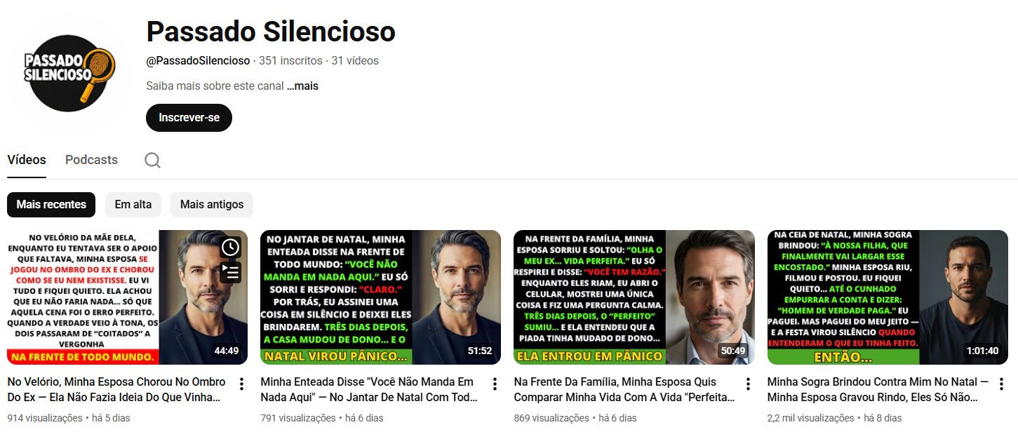 YouTube à Venda (Não Monetizado) – 351 inscritos – Storytelling e Dramas Pessoais