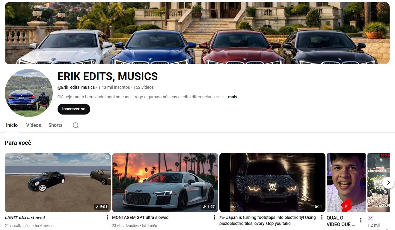 YouTube à Venda (Não Monetizado) – 1 mil inscritos – Edições Automotivas e Lifestyle