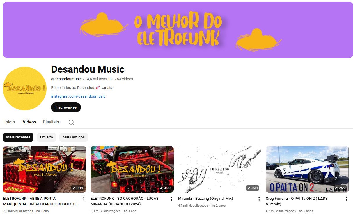 YouTube à Venda (Não Monetizado) – 14 mil inscritos – Música e Eletrofunk