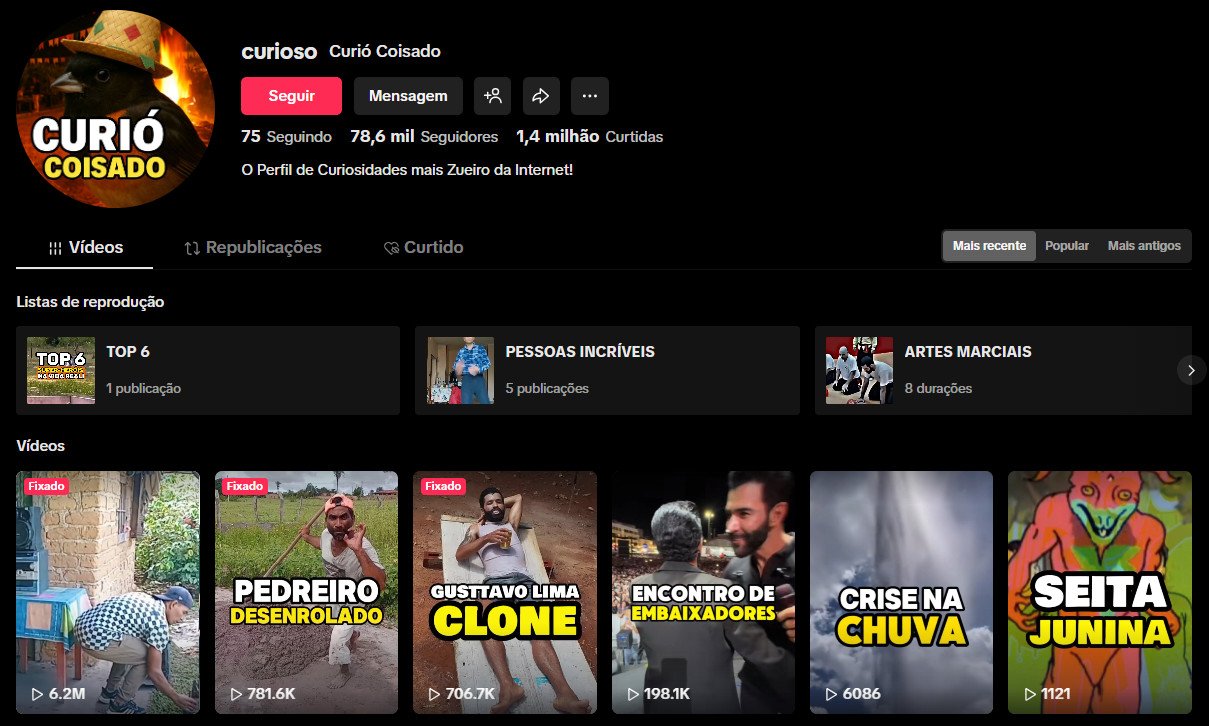TikTok à venda – Curiosidades e Humor (Curió Coisado) | 78 mil seguidores