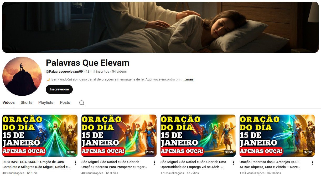 Canal no YouTube à venda – Palavras Que Elevam | 18 mil Inscritos – Orações Diárias e Mensagens de Fé