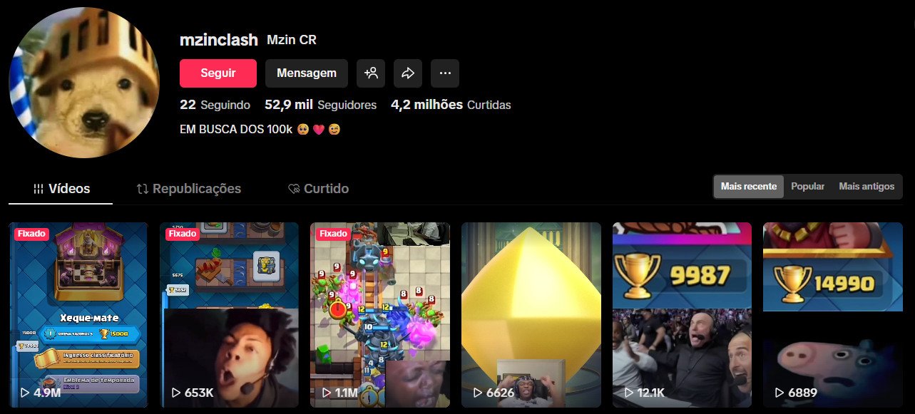 TikTok à venda – Games (Clash Royale) e Memes | 52 mil seguidores