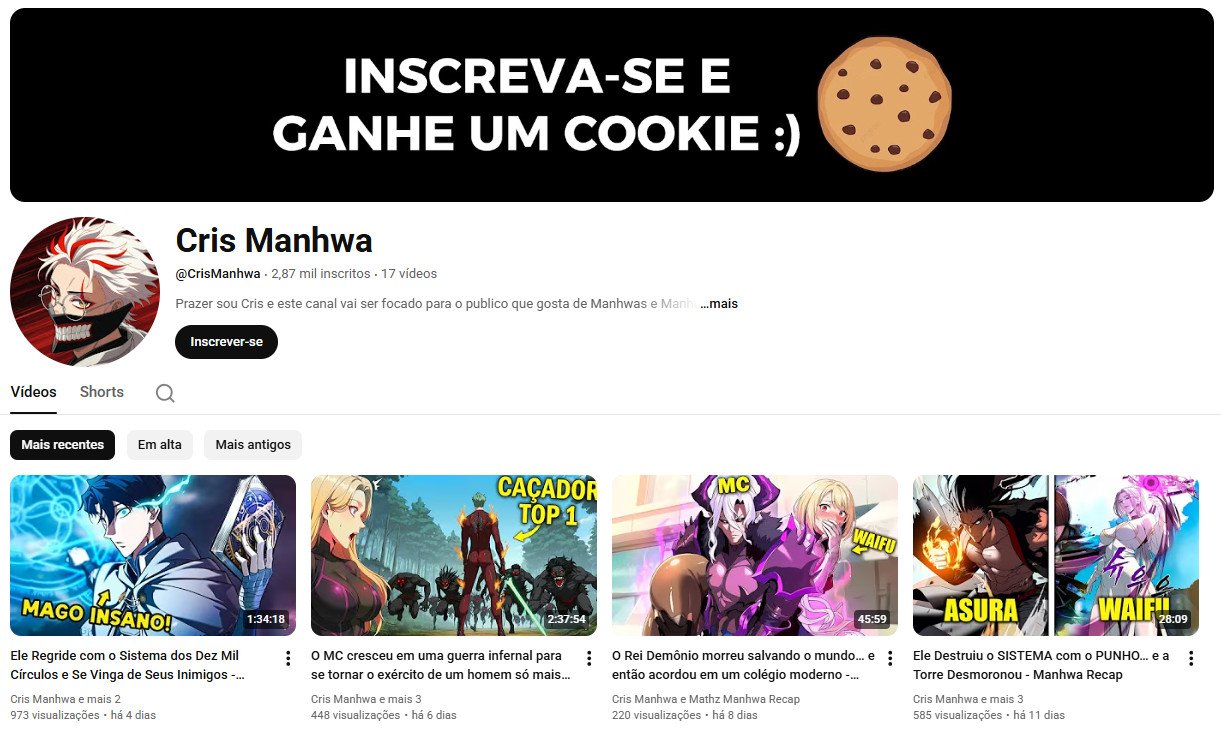 YouTube à venda – Resumos de Manhwas e Mangás | 2 mil inscritos