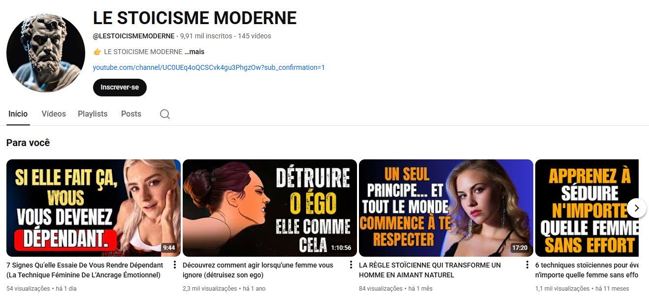 YouTube à venda – Estoicismo e Desenvolvimento Pessoal (Francês) | 9 mil inscritos
