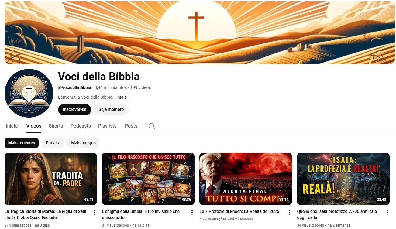 Oportunidade YouTube – Canal de Teologia e Profecias (Itália) | 3 mil inscritos