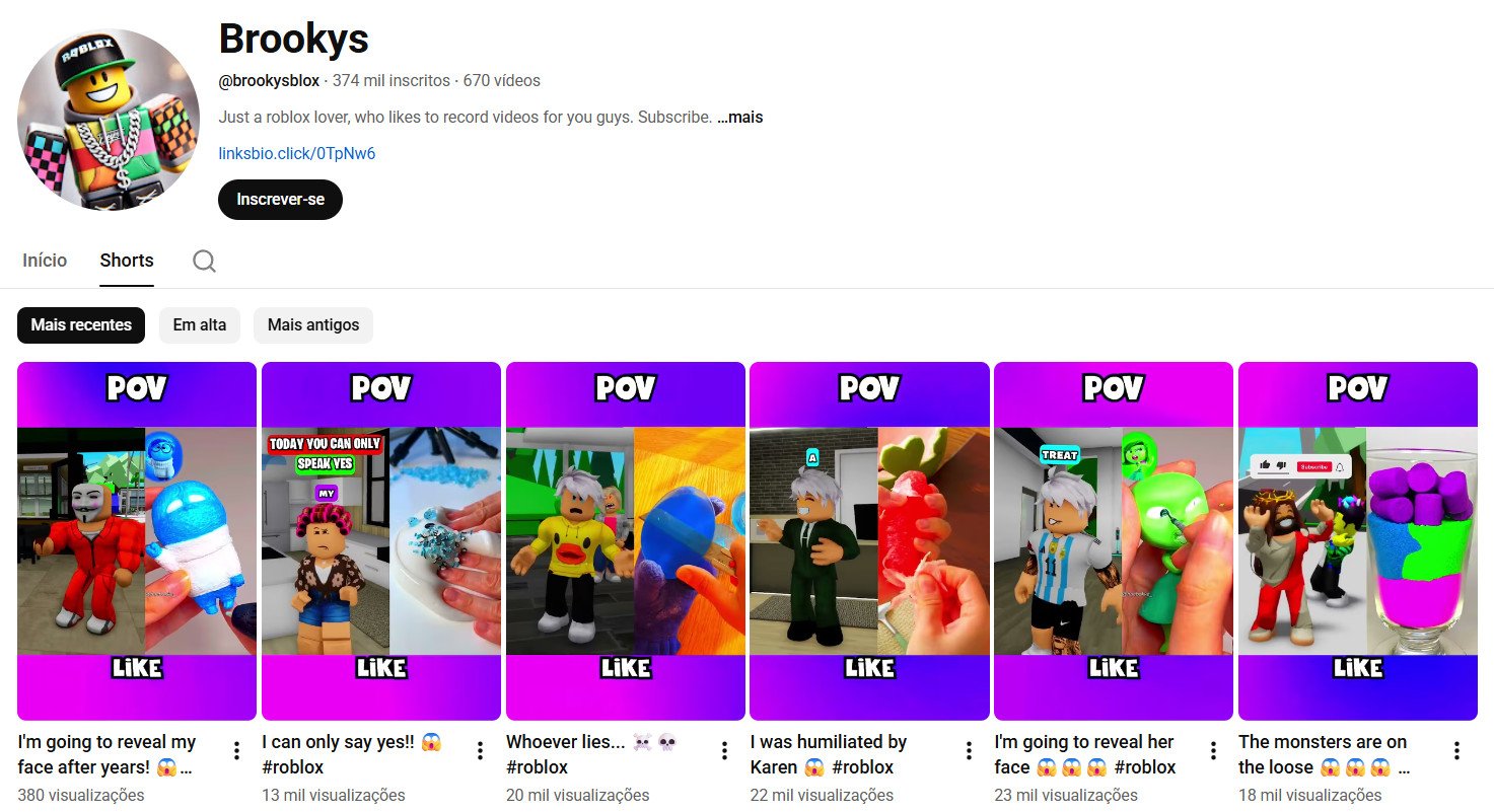 Canal no YouTube à venda – Brookys: Roblox & Shorts (374 mil inscritos) não monetizado