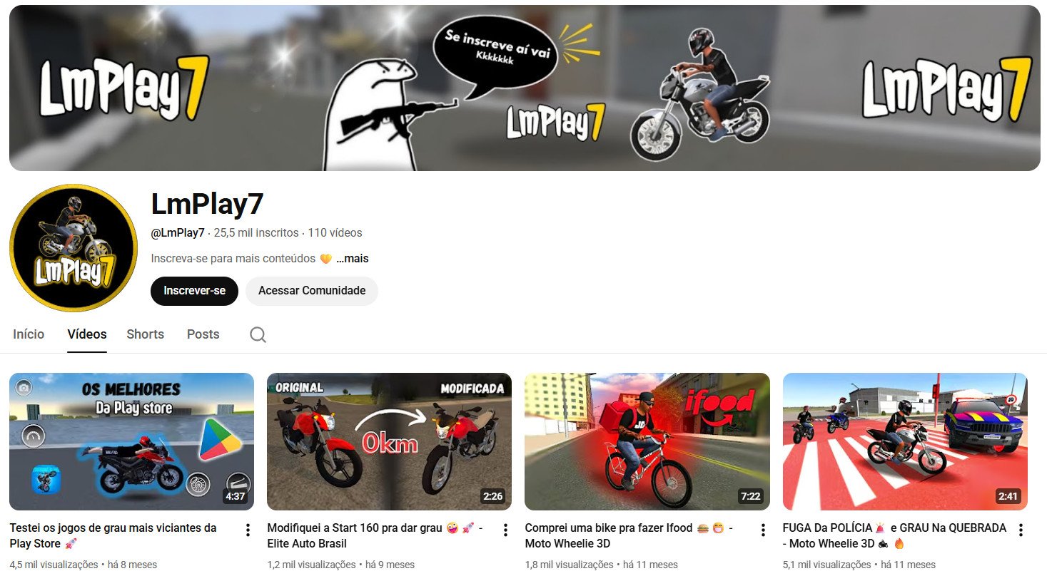 Canal no YouTube à venda – LmPlay7: Games de Moto & Simulação (25 mil inscritos) não monetizado