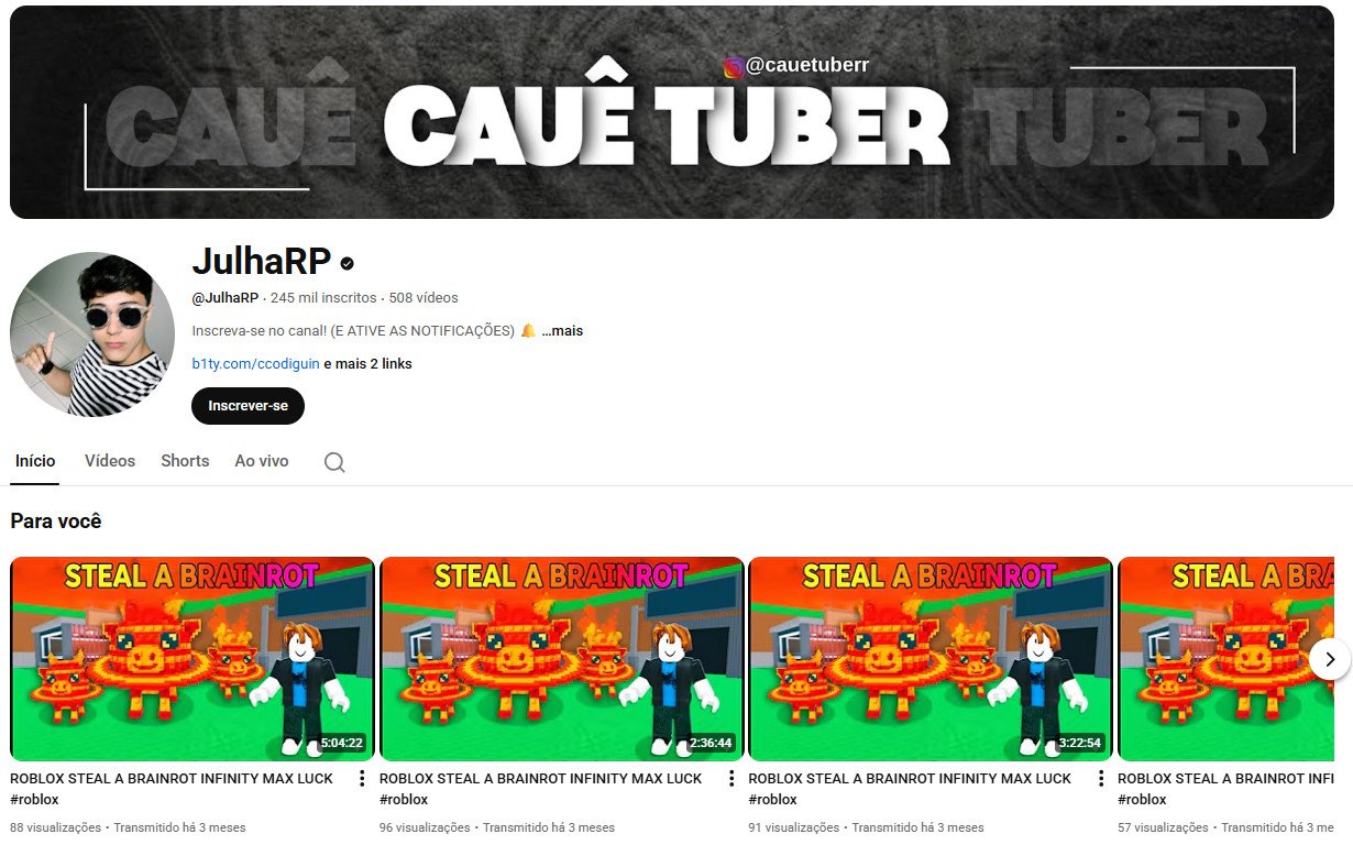 Canal no YouTube à venda – JulhaRP: Roblox & Gameplays (245 mil inscritos) não monetizado