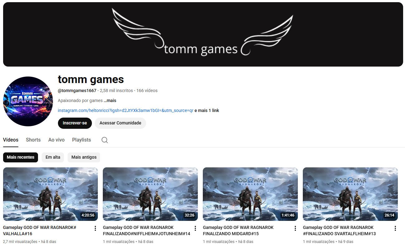 Canal no YouTube à venda – tomm games: God of War & Gameplays (2 mil inscritos) não monetizado