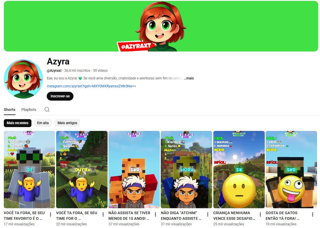 Canal no YouTube à venda – Azyra: Minecraft & Desafios Shorts (36 mil inscritos) não monetizado