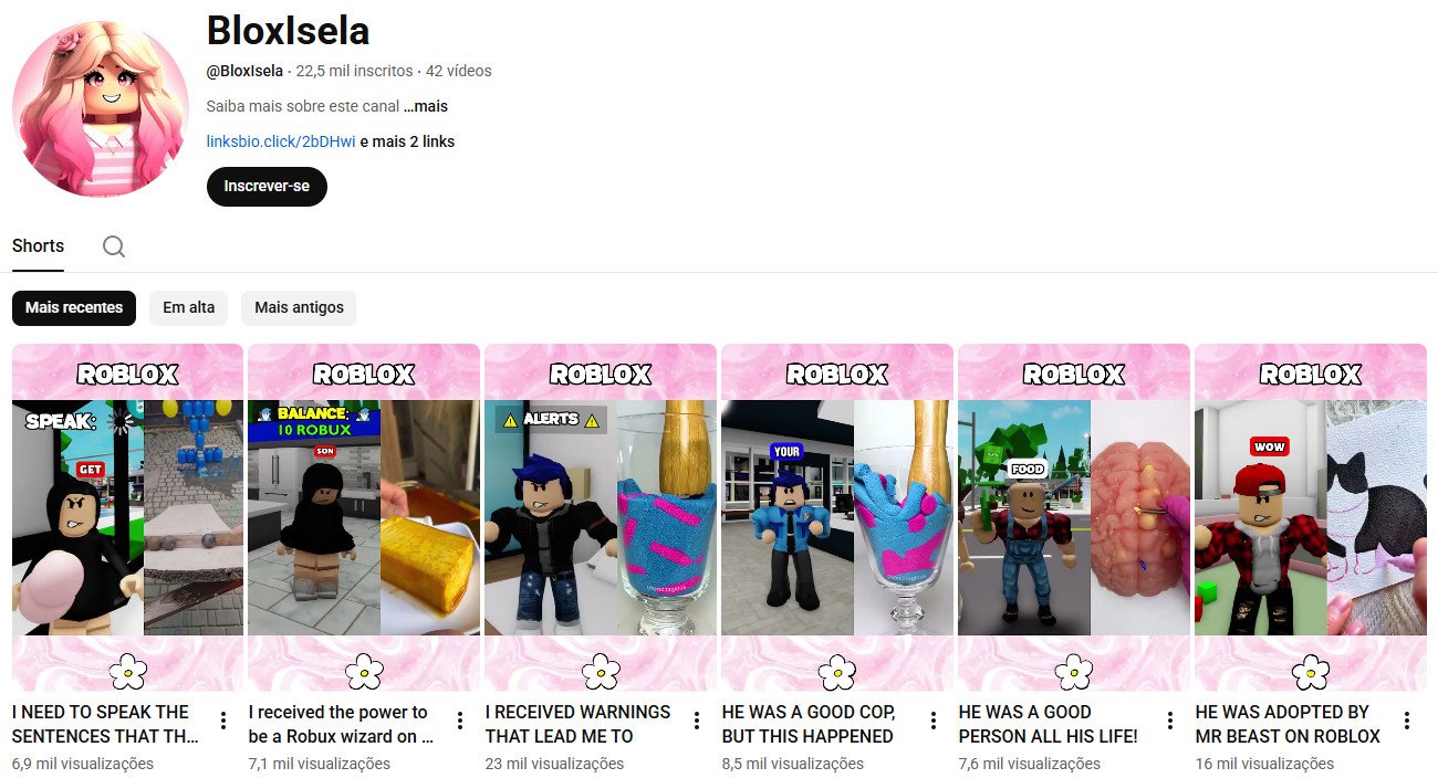 Canal no YouTube à venda – Bloxlsela: Roblox & Shorts (22 mil inscritos) não monetizado