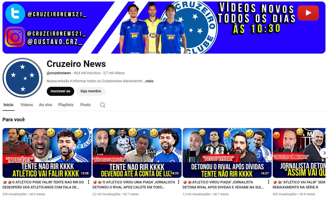 Canal no YouTube à venda – Cruzeiro News: Notícias & Futebol (49 mil inscritos)