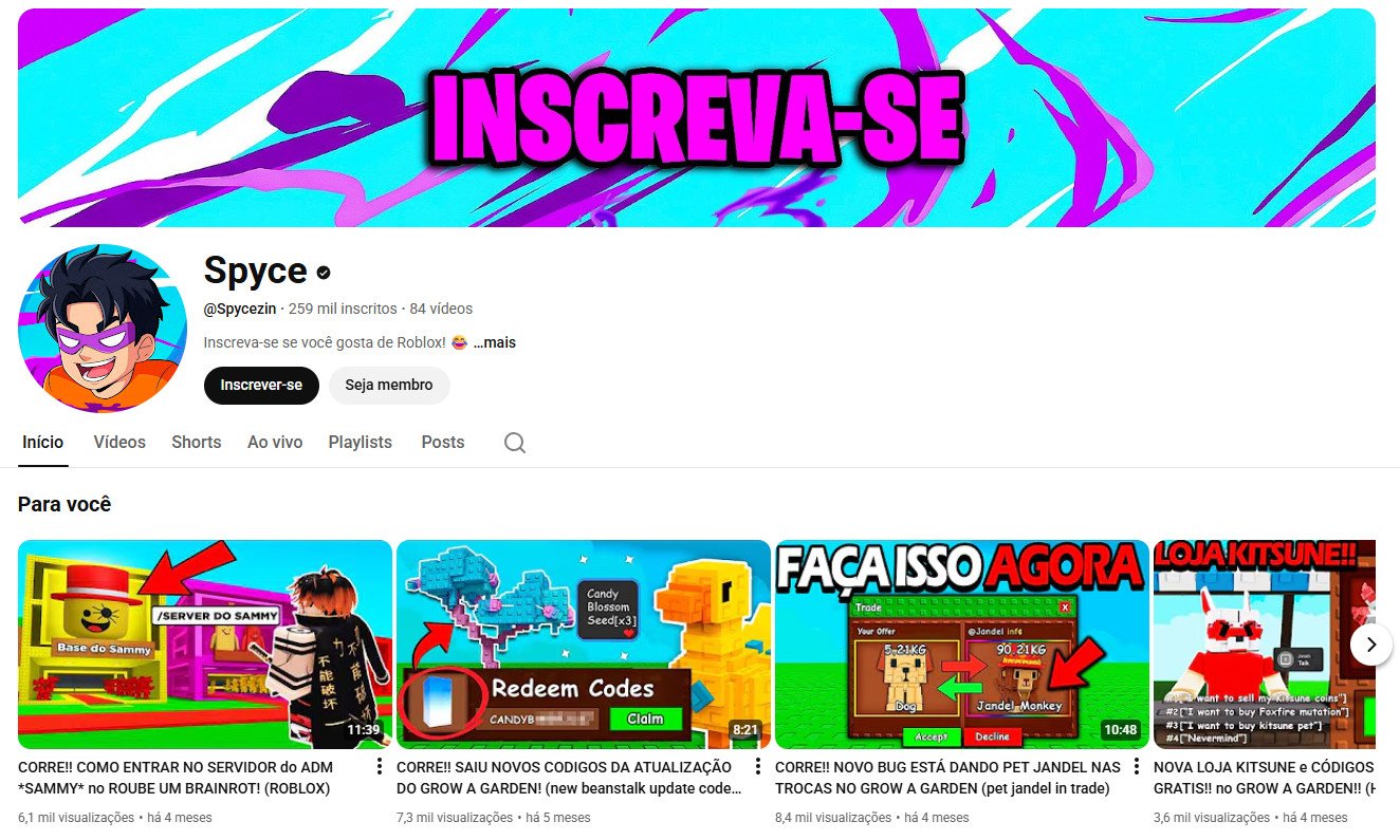 Canal no YouTube à venda – Spyce: Roblox & Desafios (259 mil inscritos)