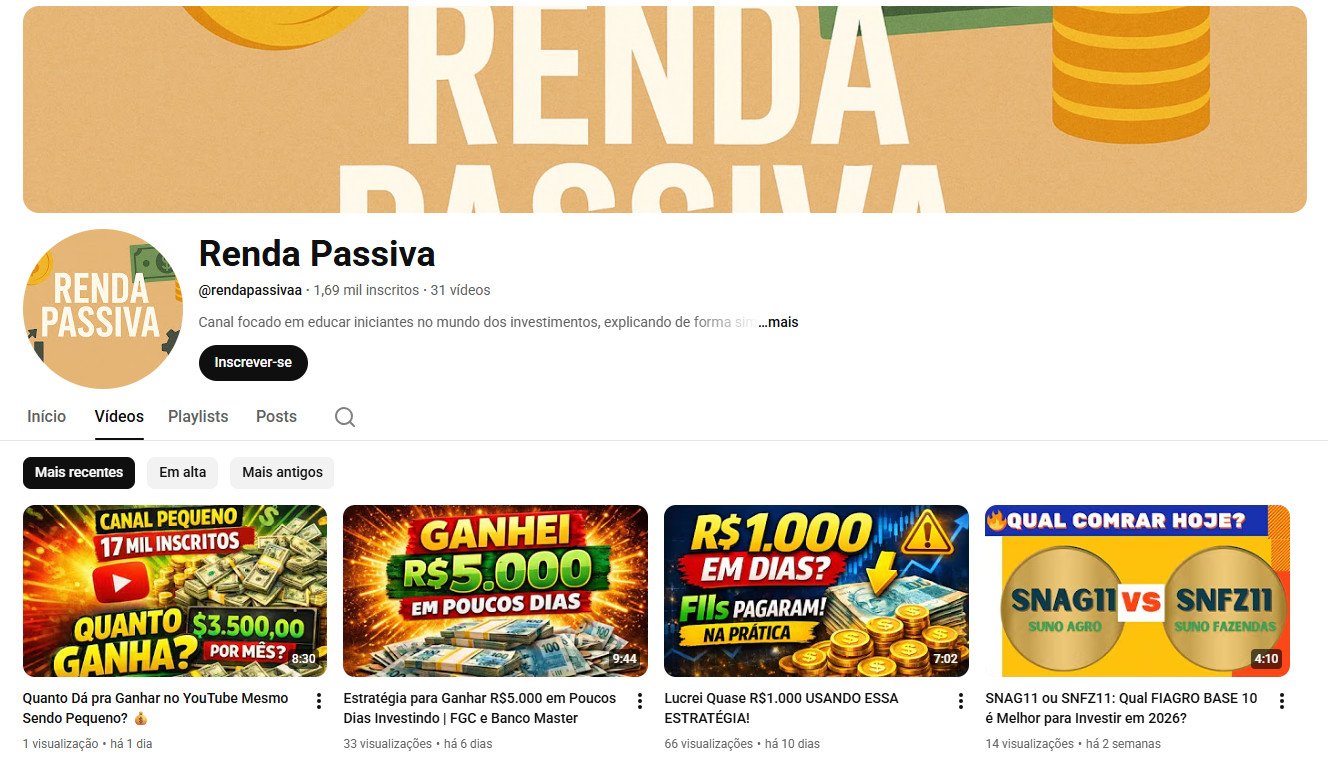 Canal no YouTube à venda – Renda Passiva: Educação Financeira & Investimentos (1 mil inscritos)