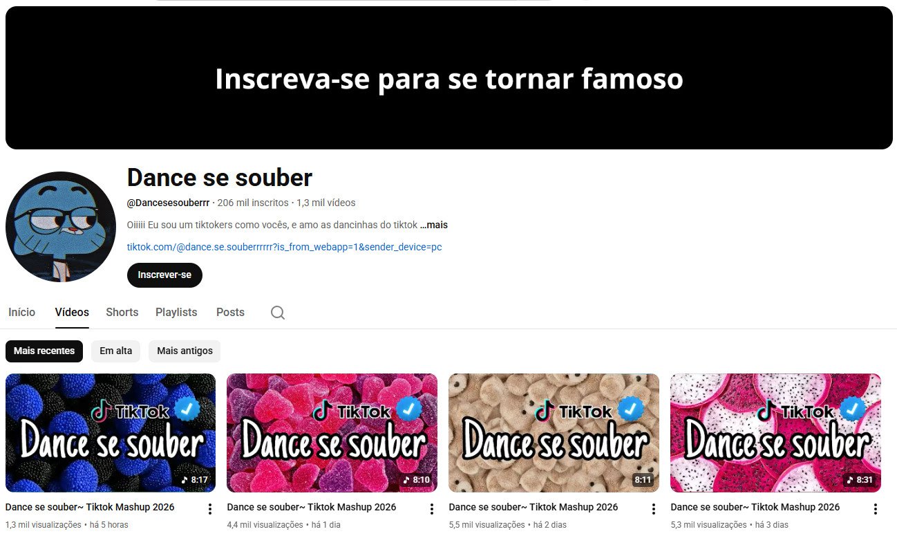 Canal no YouTube à venda – Dance se souber: TikTok Mashups & Dança (206 mil inscritos)