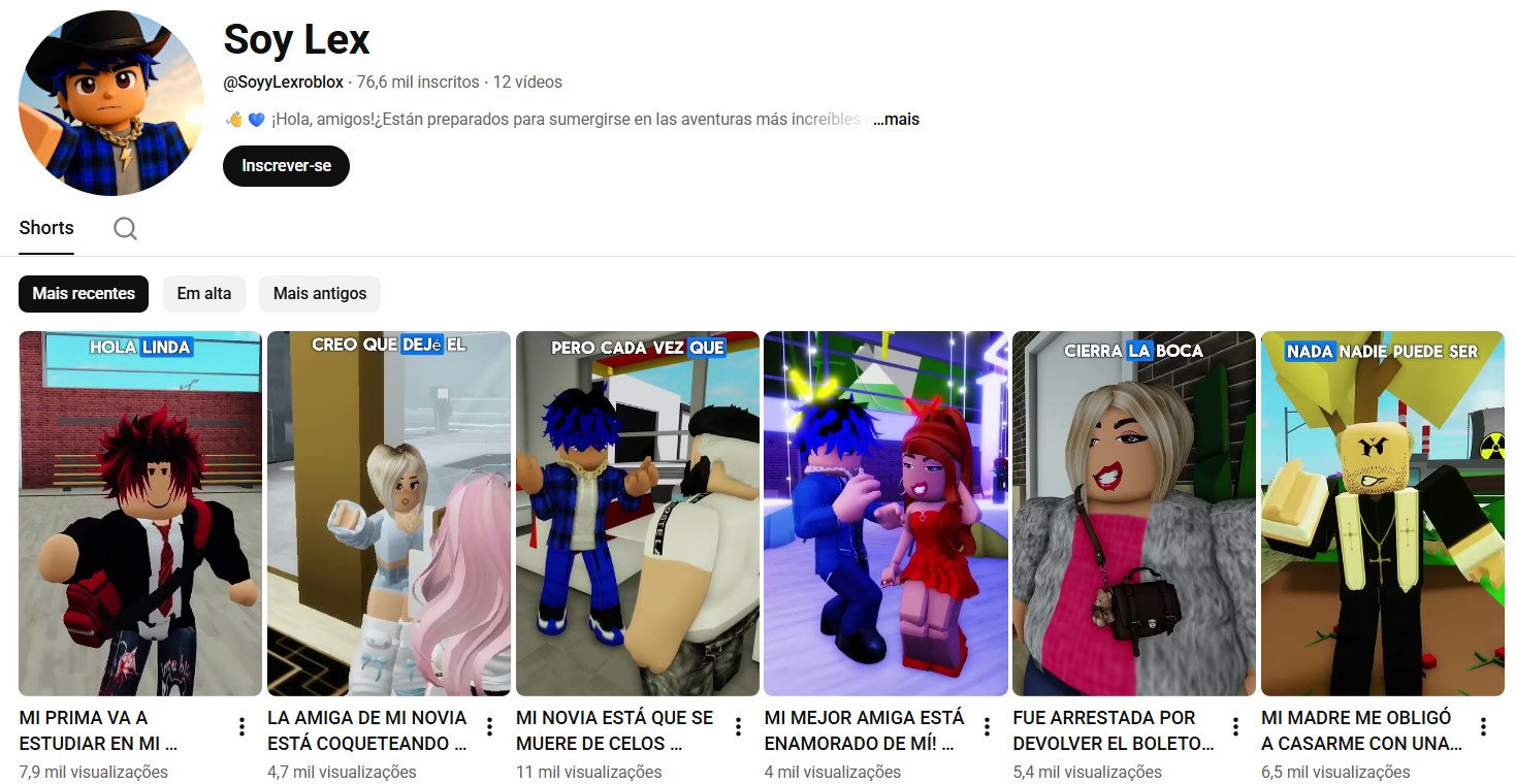 Canal no YouTube à venda (Não Monetizado) – Soy Lex: Roblox & Histórias Animadas (76 mil inscritos)