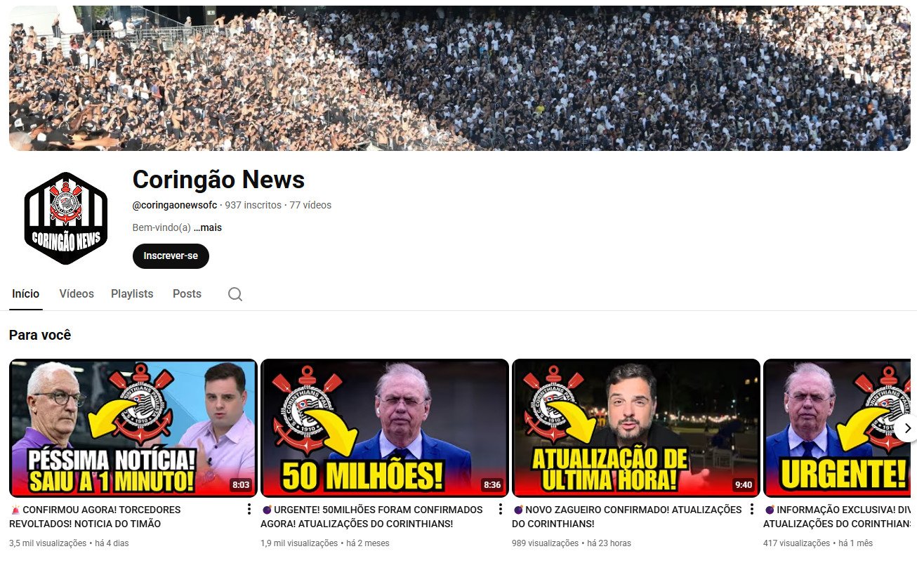 Canal no YouTube à venda (Não Monetizado) – Coringão News: Notícias do Timão (937 inscritos)