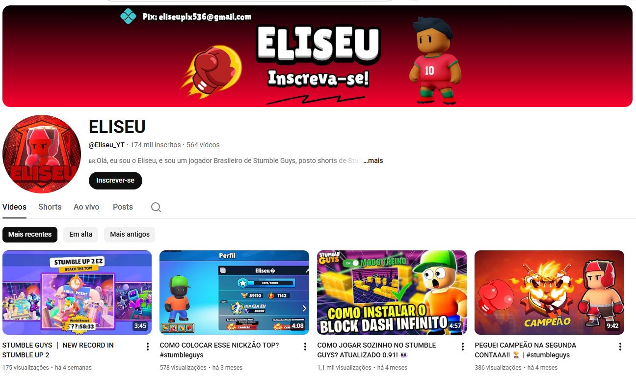 Canal no YouTube à venda (Não Monetizado) – ELISEU: Stumble Guys & Games (174 mil inscritos)