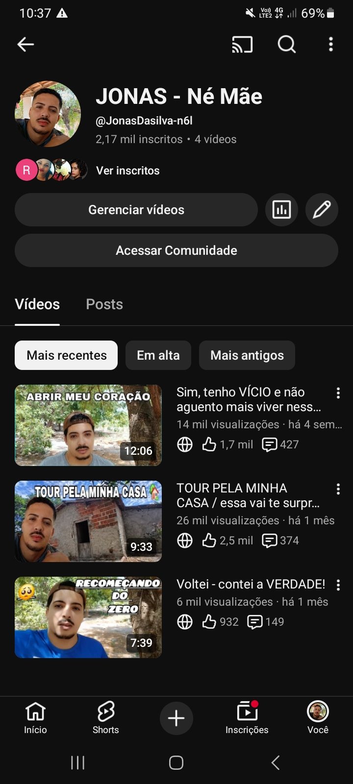 Canal de 2,170 inscritos, otimo engajamento.