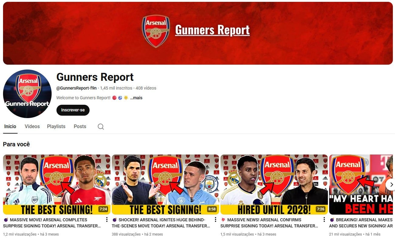 Canal no YouTube à venda – Gunners Report: Notícias do Arsenal (1 mil inscritos)