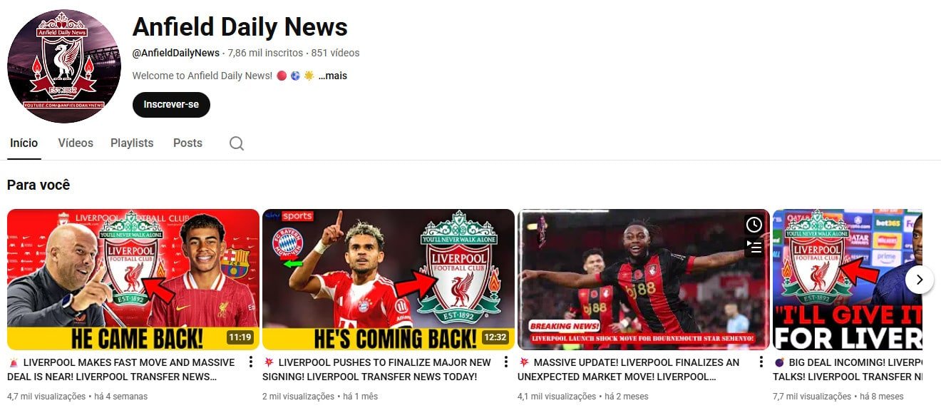 Canal no YouTube à venda – Anfield Daily News: Informativo do Liverpool (7 mil inscritos)