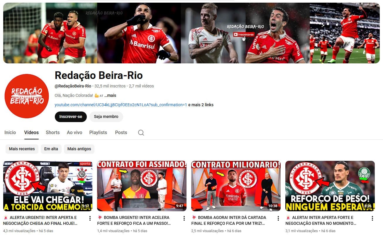 Canal no YouTube à venda – Redação Beira-Rio: Notícias do Inter (32 mil inscritos)