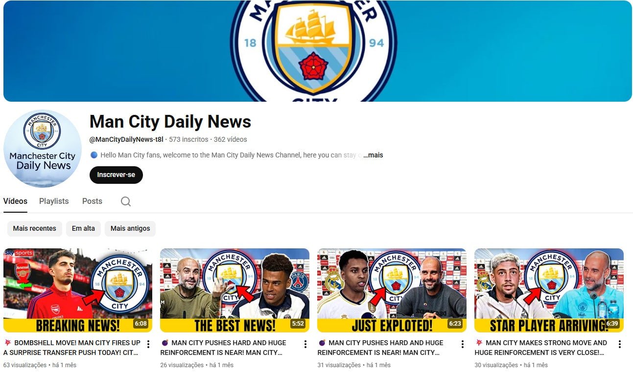 Canal no YouTube à venda (Não Monetizado) – Man City Daily News: Informativo dos Citizens (573 inscritos)