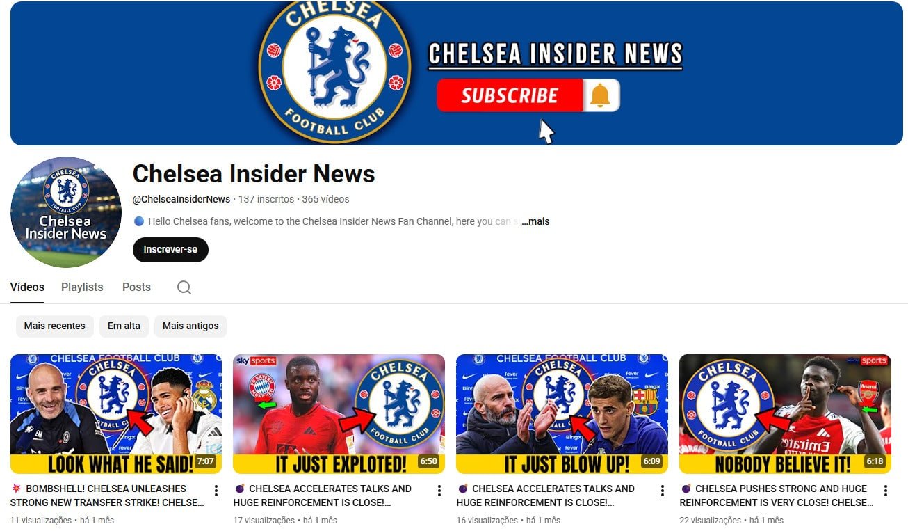 Canal no YouTube à venda (Não Monetizado) – Chelsea Insider News: Informativo dos Blues (137 inscritos)