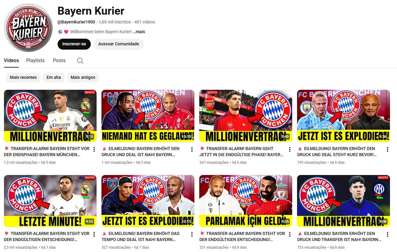 Canal no YouTube à venda (Não Monetizado) – Bayern Kurier: Informativo dos Gigantes da Baviera (1 mil inscritos)