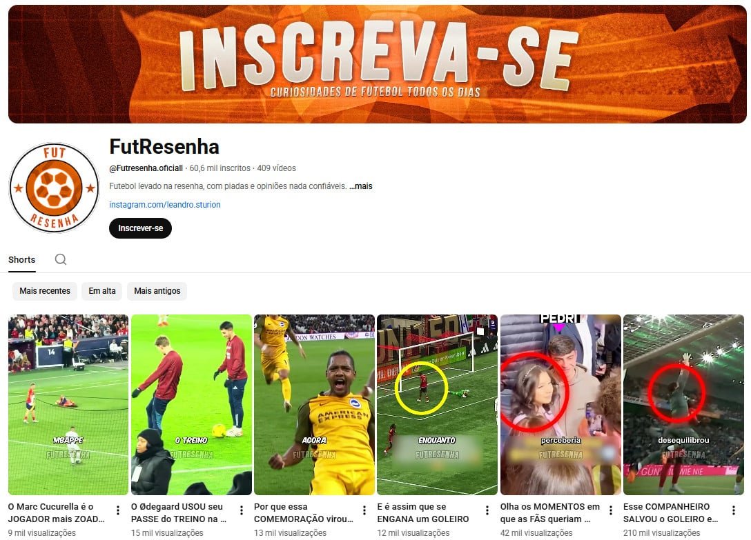 Canal no YouTube à venda (Não Monetizado) – FutResenha: Curiosidades e Humor Esportivo (60 mil inscritos)