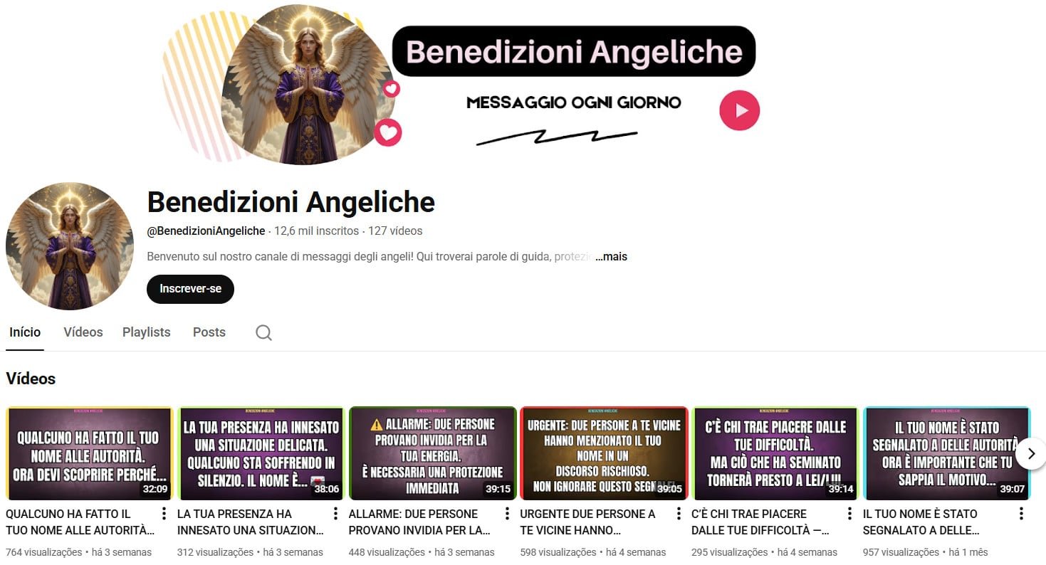 Canal no YouTube à venda (Não Monetizado) – Benedizioni Angeliche: Espiritualidade e Mensagens Diárias (12 mil inscritos)