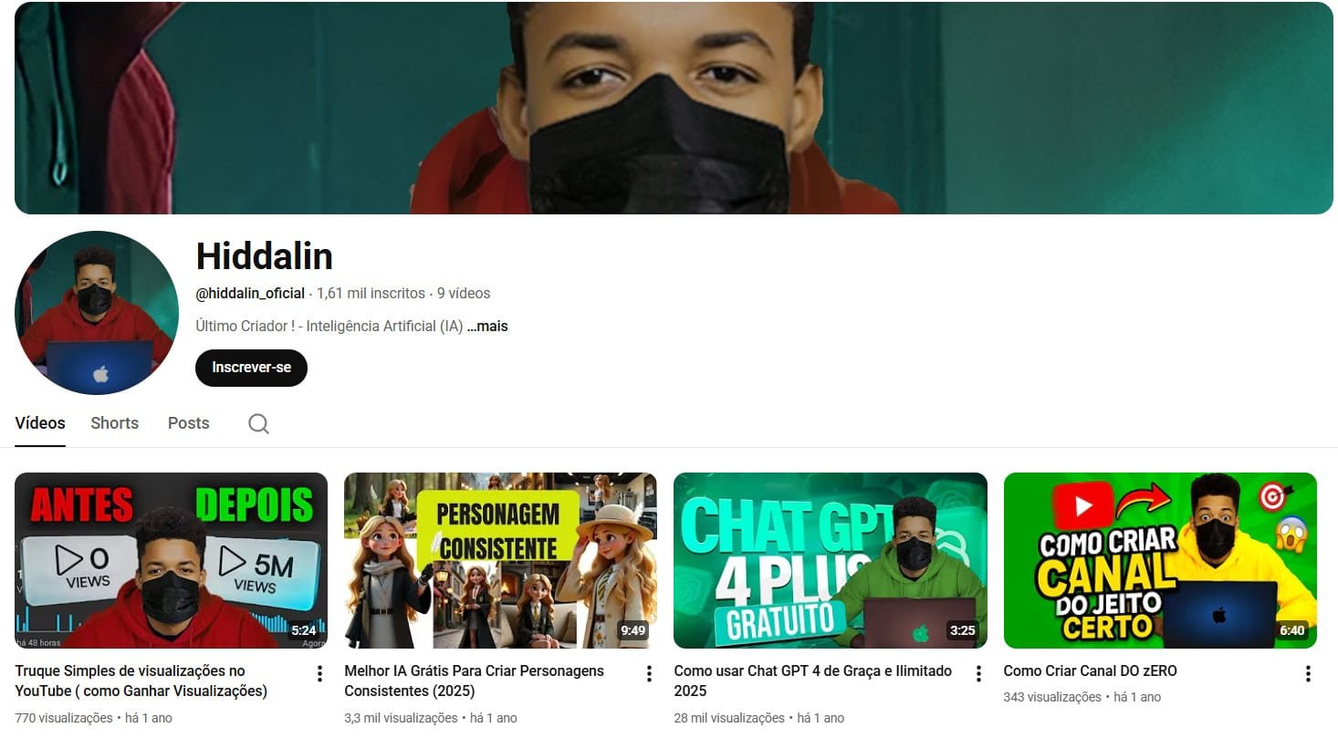 Canal no YouTube à venda (Não Monetizado) – Hiddalin: IA e Criação de Conteúdo (1 mil inscritos)