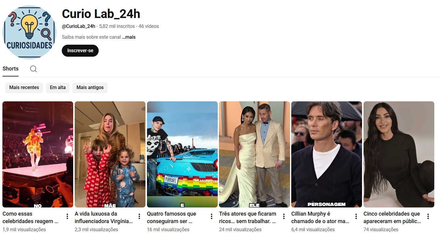 Canal no YouTube à venda (Não Monetizado) – Curio Lab_24h: Curiosidades e Lifestyle de Famosos (5 mil inscritos)