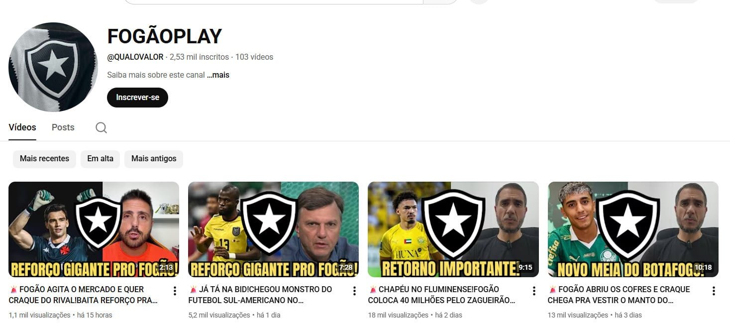 Canal no YouTube à venda – FOGÃOPLAY: Notícias do Botafogo (2 mil inscritos)