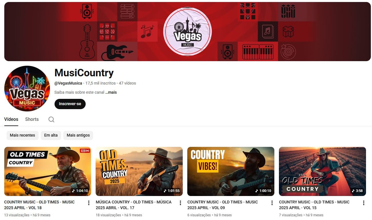 Canal no YouTube à venda – MusiCountry: Música Country e Estilo de Vida (17 mil inscritos)