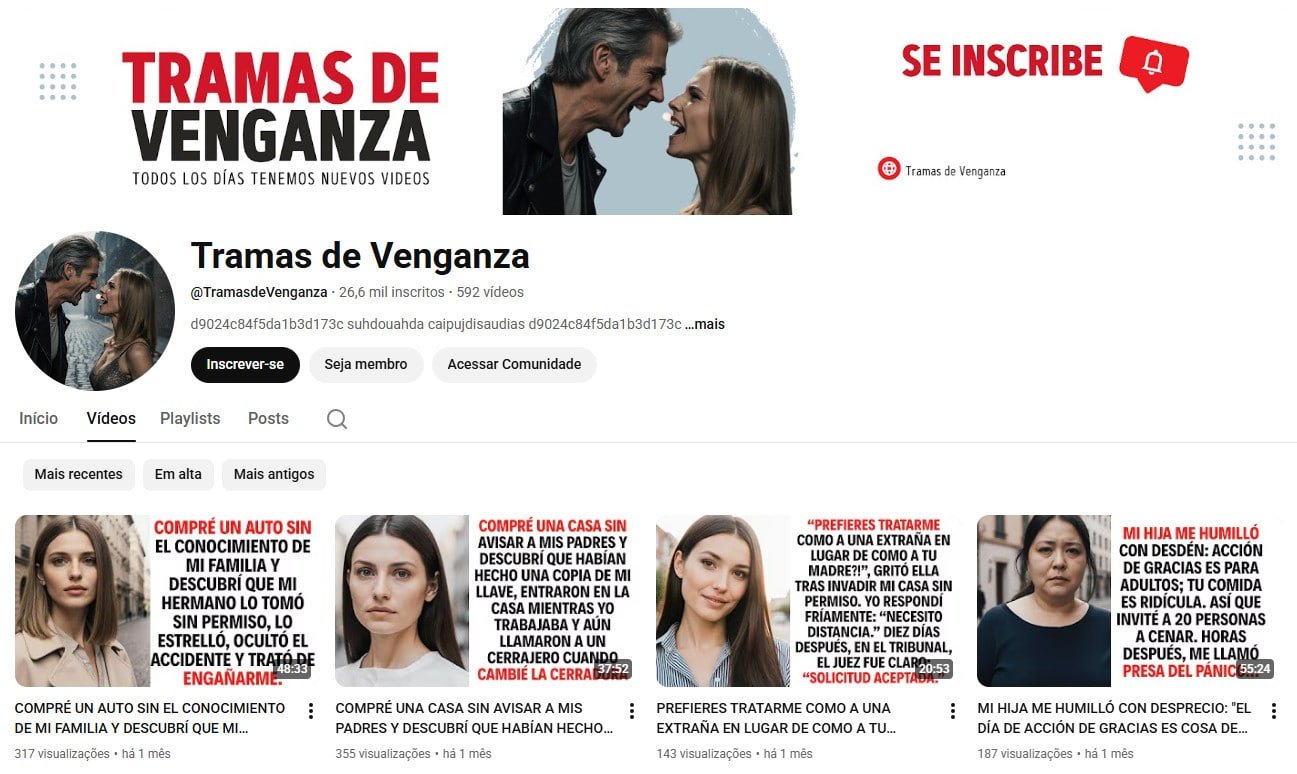 Canal no YouTube à venda – Tramas de Venganza: Dramas e Narrativas Sociais (26 mil inscritos)