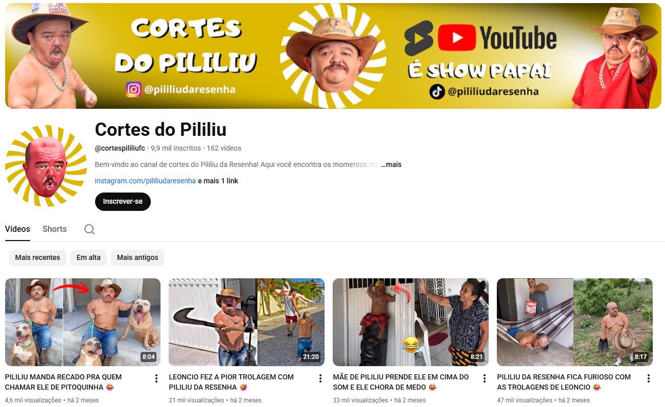 Canal no YouTube à venda – Cortes do Pililiu: Entretenimento e Humor (9 mil inscritos)
