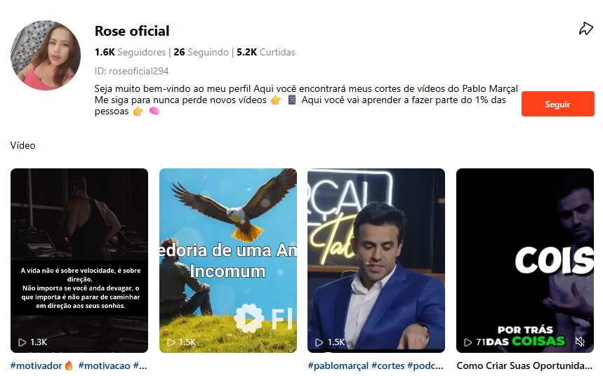 Perfil no Kwai à venda – Rose oficial: Cortes Motivacionais e Pablo Marçal (1 mil seguidores)
