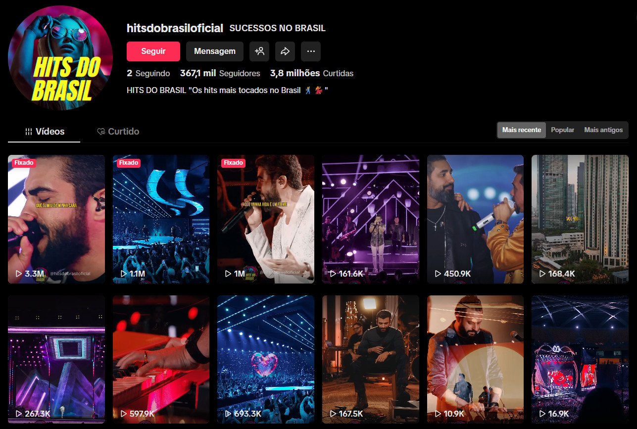 Perfil no TikTok à venda – hitsdobrasiloficial: Música e Entretenimento (367 mil seguidores)