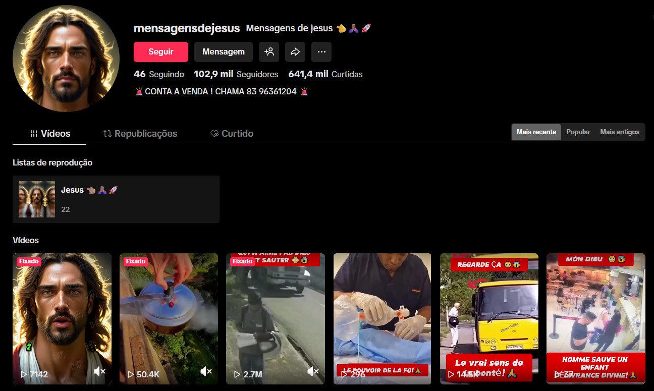Perfil no TikTok à venda – mensagensdejesus: Fé e Espiritualidade (102 mil seguidores)
