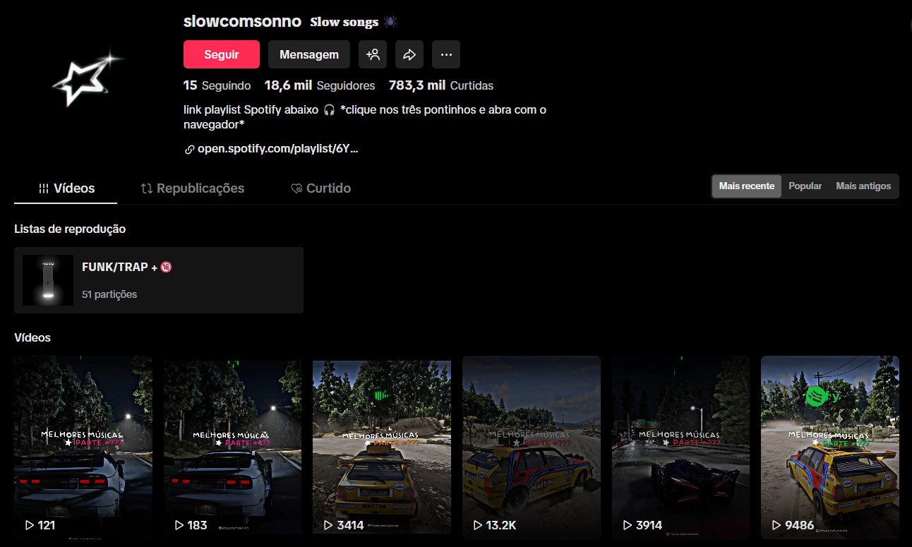 Perfil no TikTok à venda – Slow Songs e Automobilismo (18 mil seguidores)