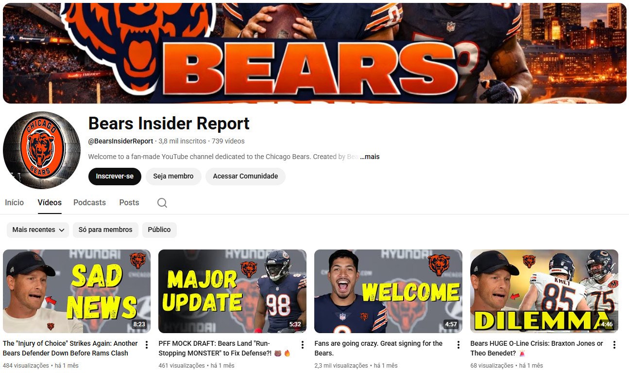 Canal no YouTube à venda – Bears Insider Report: Desporto/NFL (3 mil inscritos)