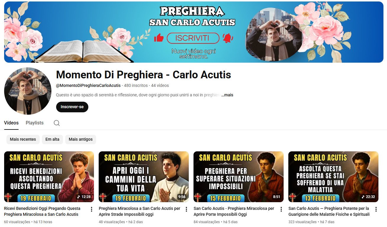 Canal no YouTube à venda (Não Monetizado) – Momento Di Preghiera – Carlo Acutis: Fé e Oração (480 inscritos)
