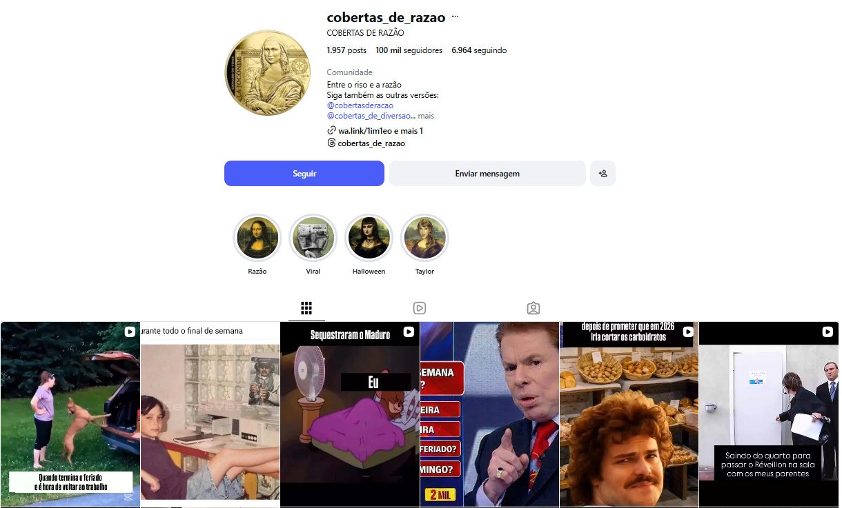 Perfil no Instagram à venda – cobertas_de_razao: Humor e Entretenimento (100 mil seguidores)