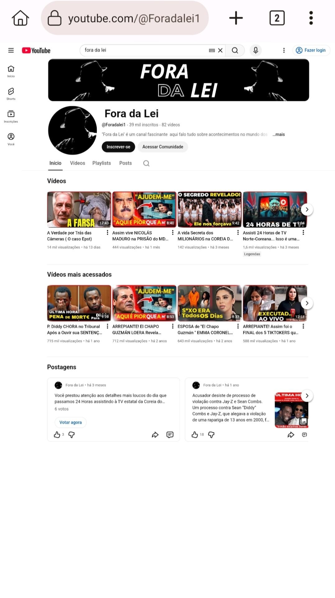 Marca Consolidada: Canal “Fora da Lei” – 39k Inscritos True Crime e Documentários