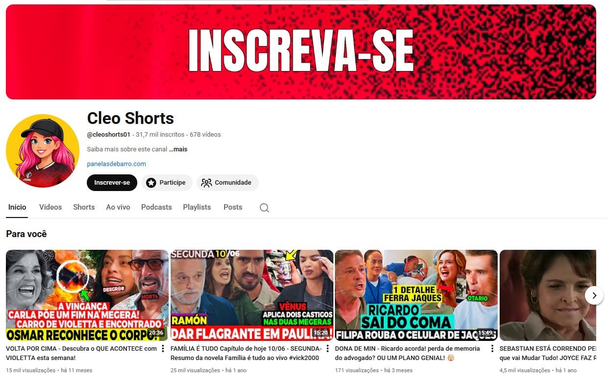 Canal no YouTube à venda – Cleo Shorts: Resumos de Novelas (31 mil inscritos)