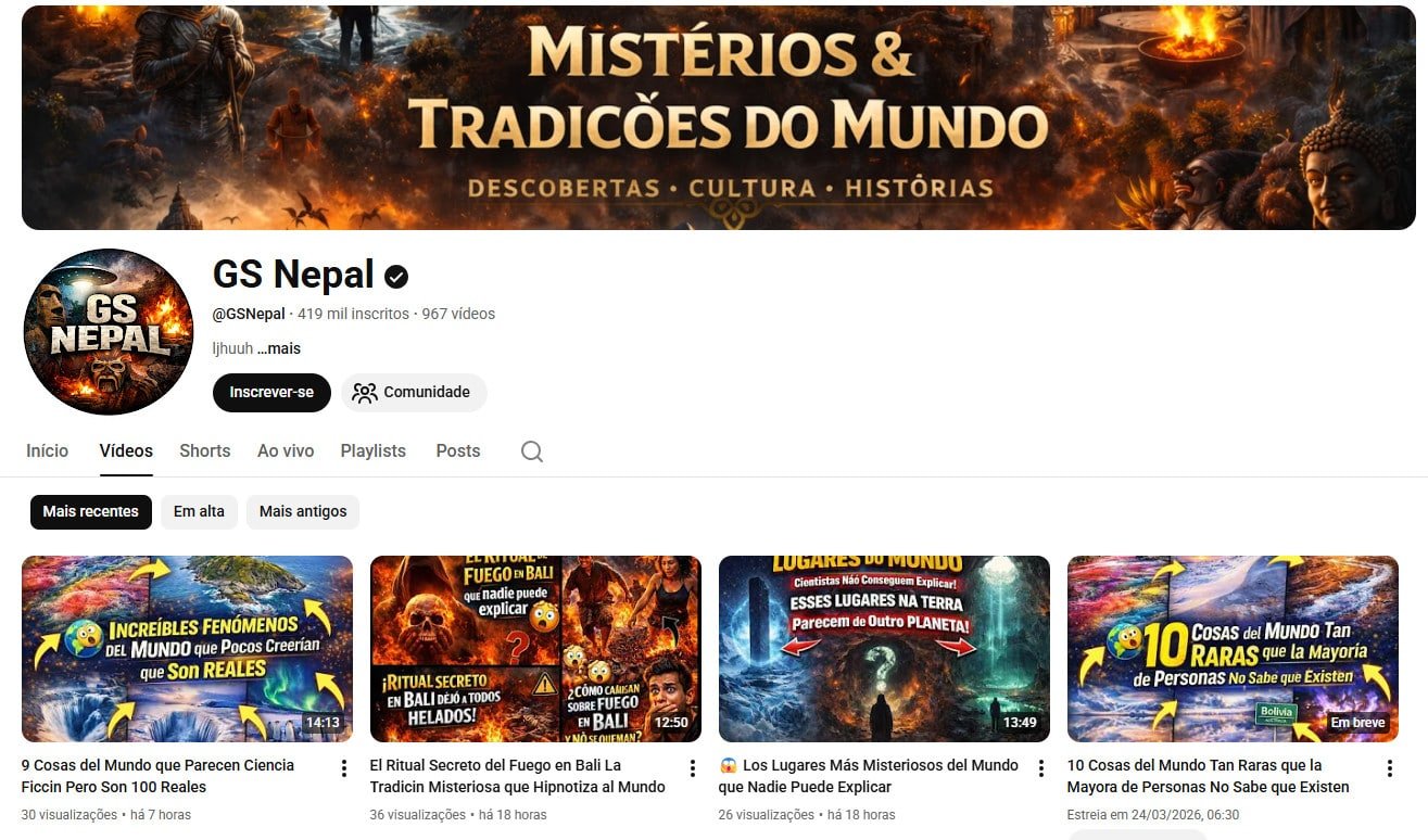 Canal no YouTube à venda – GS Nepal: Mistérios e Tradições (419 mil inscritos)